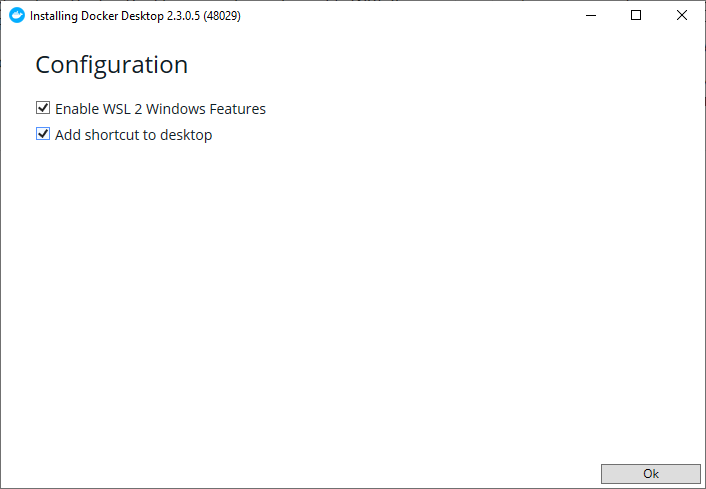 Установлена галочка на Enable WSL 2 Windows Features