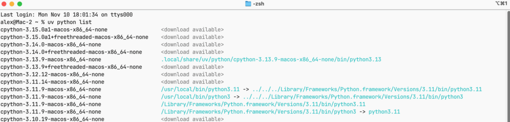 Командой uv python list можно посмотреть список установленных версий Python